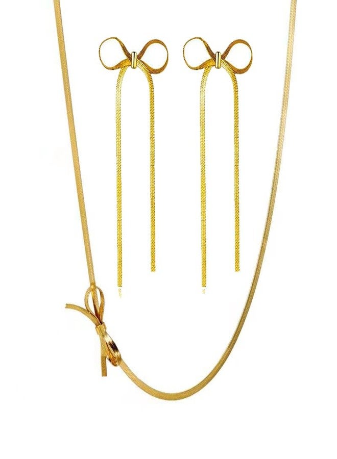 Yewkit Bow Dangle Choker Necklace Set for Women Long Tassel Chain Earrings Dainty Gold Snake Chain Necklace Wedding Prom Fashion Jewelry Set Gifts - Image 1